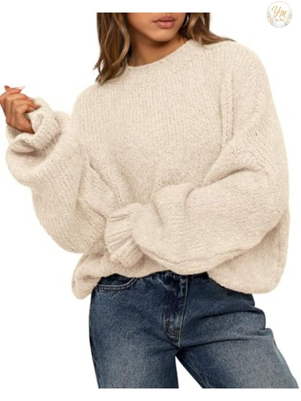 Oversized Chunky Knit Crew Neck Sweater with Lantern Sleeves & Ruffle Cuffs
